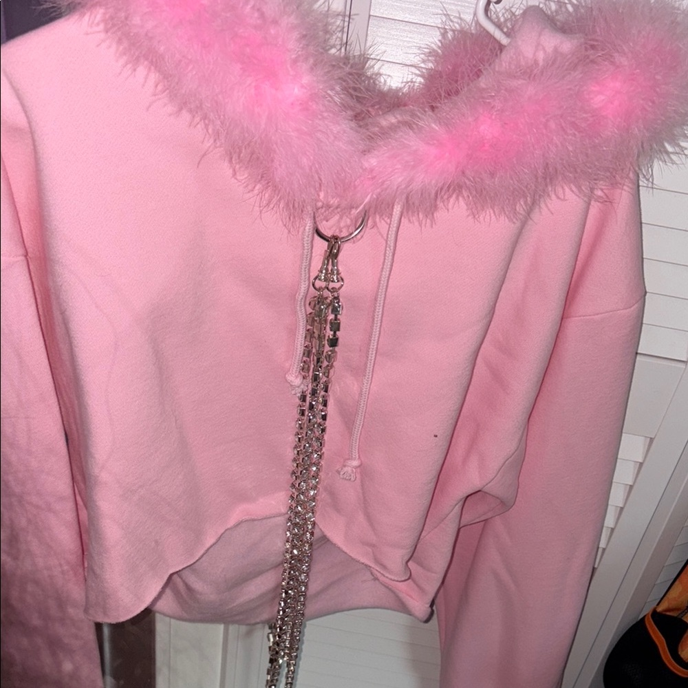 LAST CALL Sugar Thrillz Dolls Kill Pink Hoodie with Faux Fur and Chain